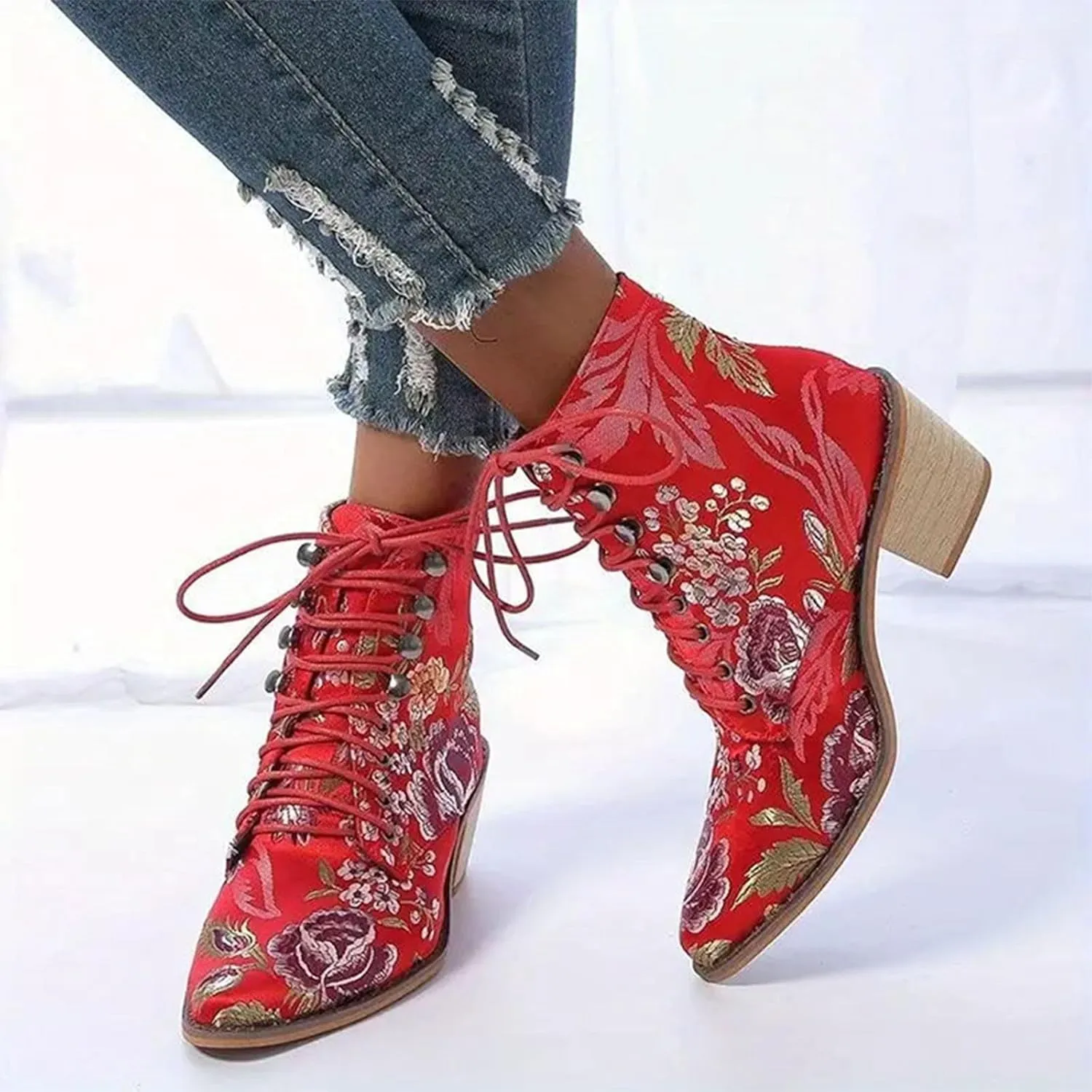 Ankle Boots for Women Retro Printed Pointed Toe Lace-up Embroidered Cowboy Boots for Women Western Ankle Shaft Boot Bootie