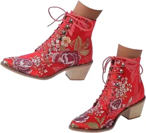 Ankle Boots for Women Retro Printed Pointed Toe Lace-up Embroidered Cowboy Boots for Women Western Ankle Shaft Boot Bootie