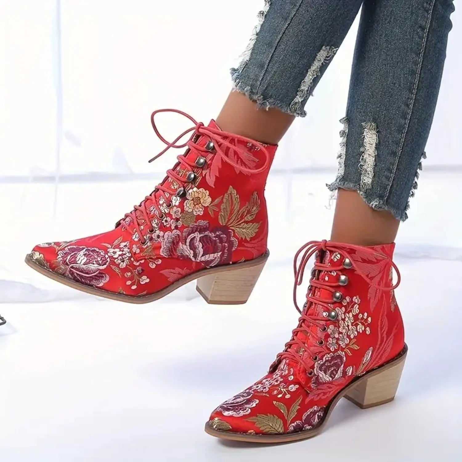 Ankle Boots for Women Retro Printed Pointed Toe Lace-up Embroidered Cowboy Boots for Women Western Ankle Shaft Boot Bootie