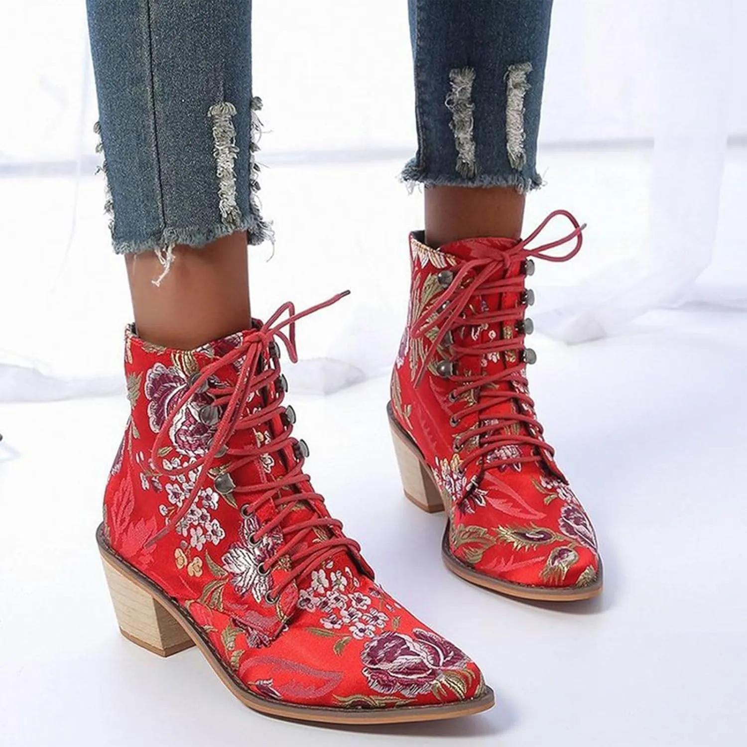 Ankle Boots for Women Retro Printed Pointed Toe Lace-up Embroidered Cowboy Boots for Women Western Ankle Shaft Boot Bootie