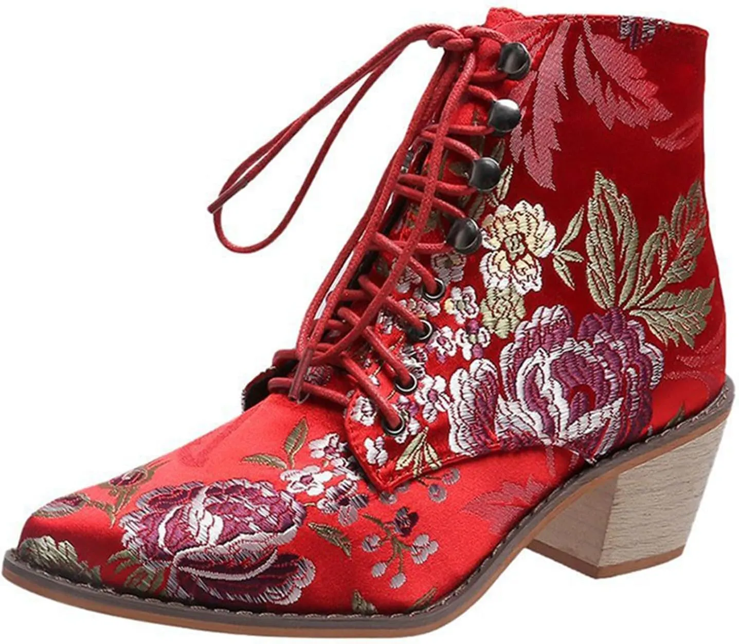 Ankle Boots for Women Retro Printed Pointed Toe Lace-up Embroidered Cowboy Boots for Women Western Ankle Shaft Boot Bootie