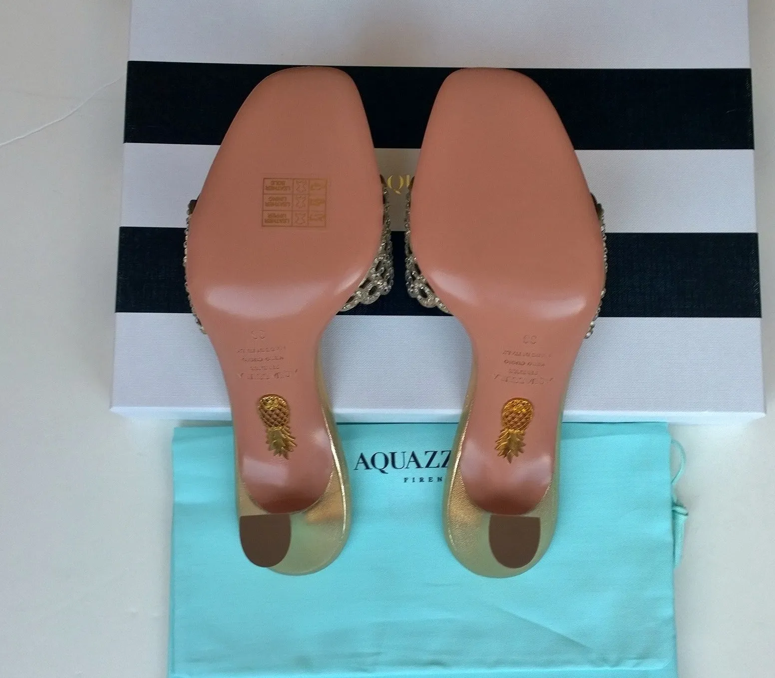 Aquazzura Gold Candy 75 Crystal Rhinestone Slides Sandals