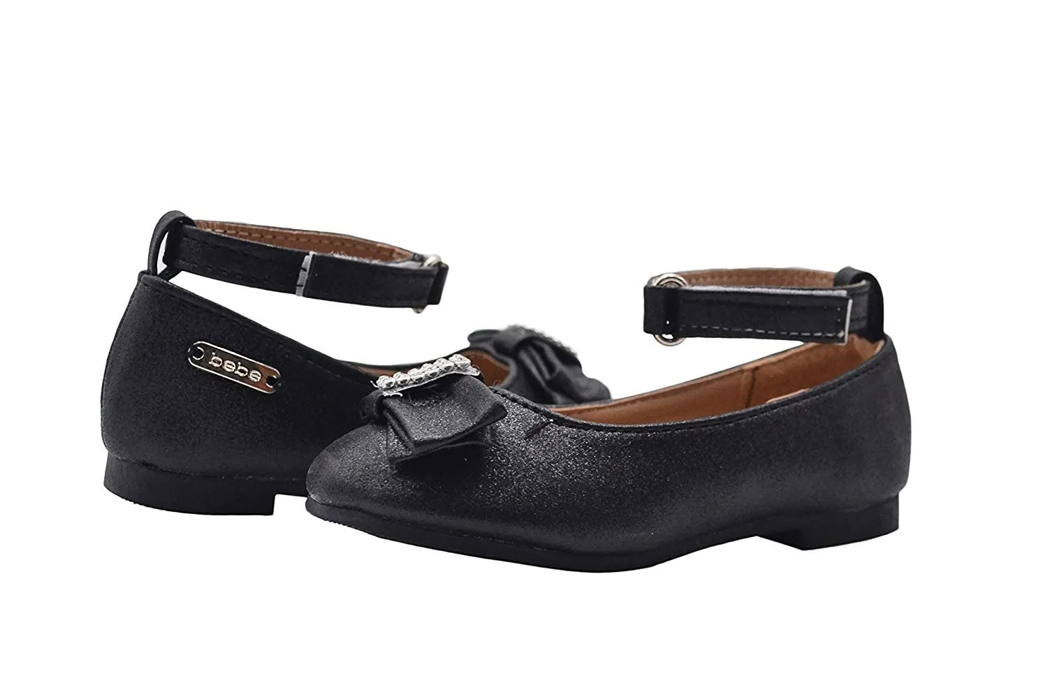 bebe Toddler Girls Little Kid Shimmery Ballet Flats Slip-On Round Toe Dress Ballerina Shoe with Rhinestone Embellished Bow and Ankle Strap