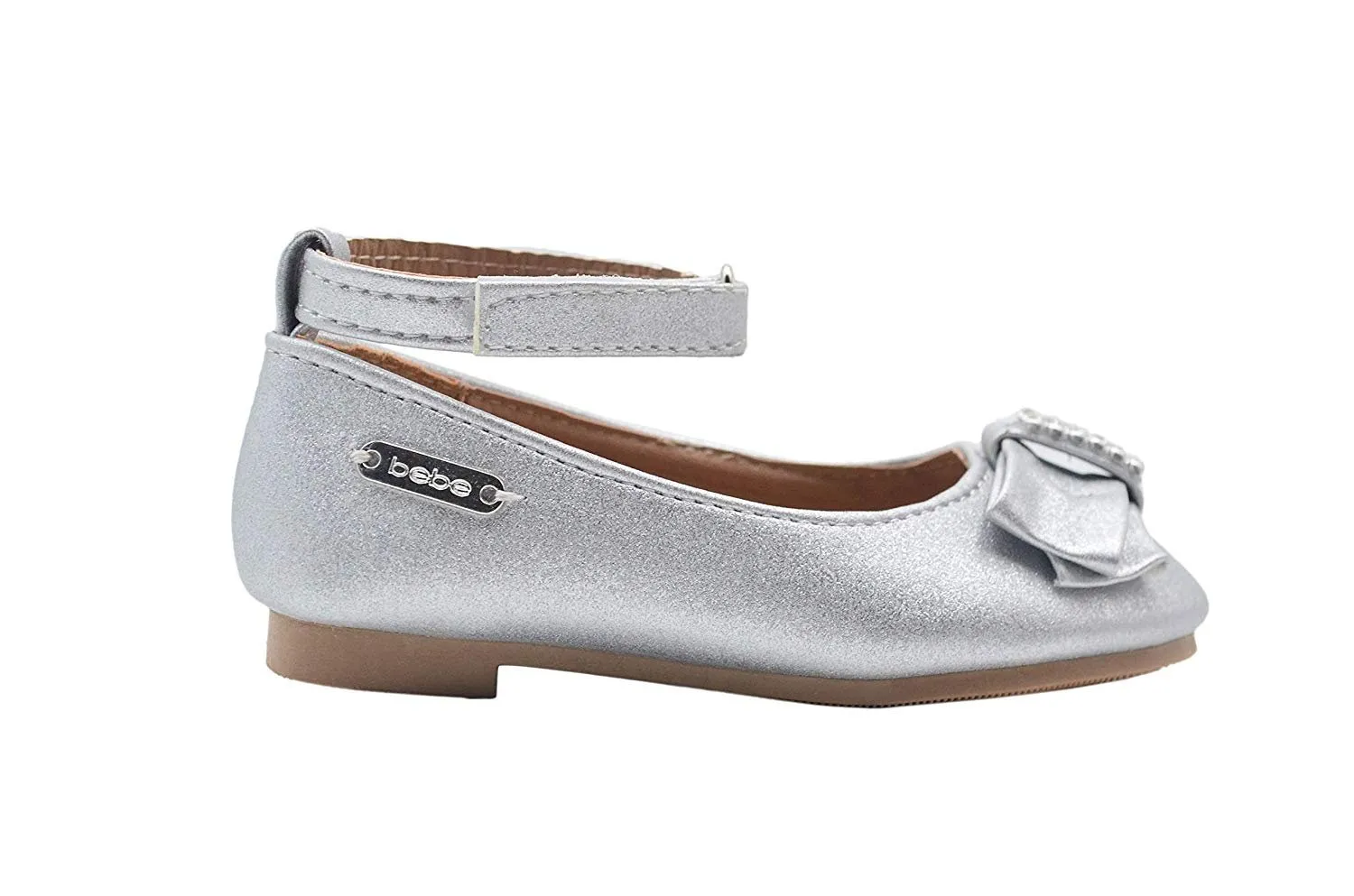 bebe Toddler Girls Little Kid Shimmery Ballet Flats Slip-On Round Toe Dress Ballerina Shoe with Rhinestone Embellished Bow and Ankle Strap