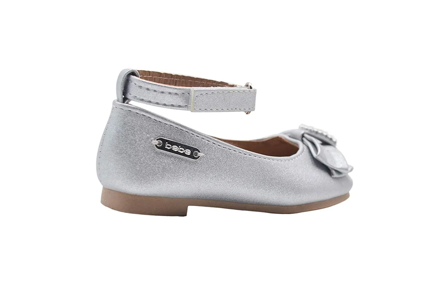bebe Toddler Girls Little Kid Shimmery Ballet Flats Slip-On Round Toe Dress Ballerina Shoe with Rhinestone Embellished Bow and Ankle Strap