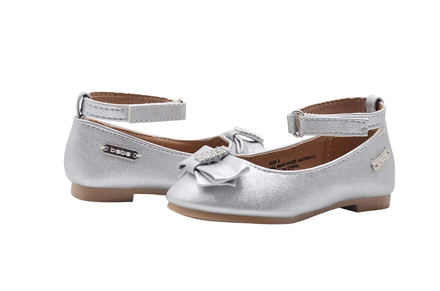 bebe Toddler Girls Little Kid Shimmery Ballet Flats Slip-On Round Toe Dress Ballerina Shoe with Rhinestone Embellished Bow and Ankle Strap