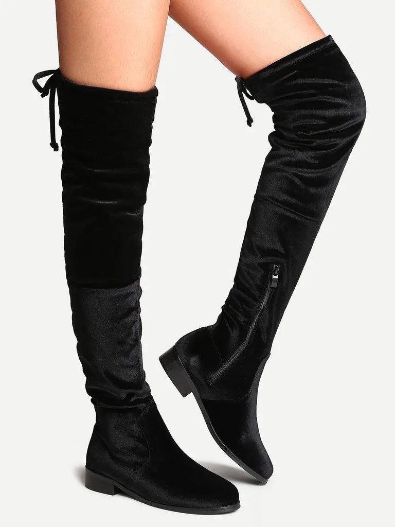 Black Faux Suede Side Zipper Tie Back Over The Knee Boots