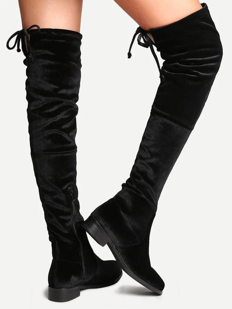 Black Faux Suede Side Zipper Tie Back Over The Knee Boots