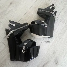 Black Patent Leather 16 cm Heel Wedge Sandals