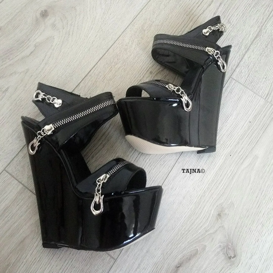Black Patent Leather 16 cm Heel Wedge Sandals