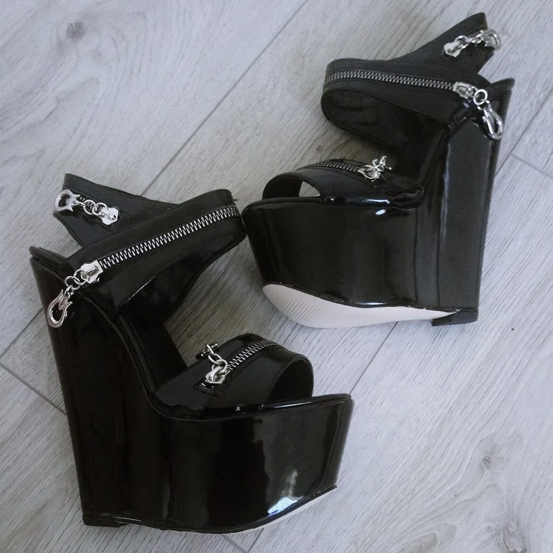 Black Patent Leather 16 cm Heel Wedge Sandals