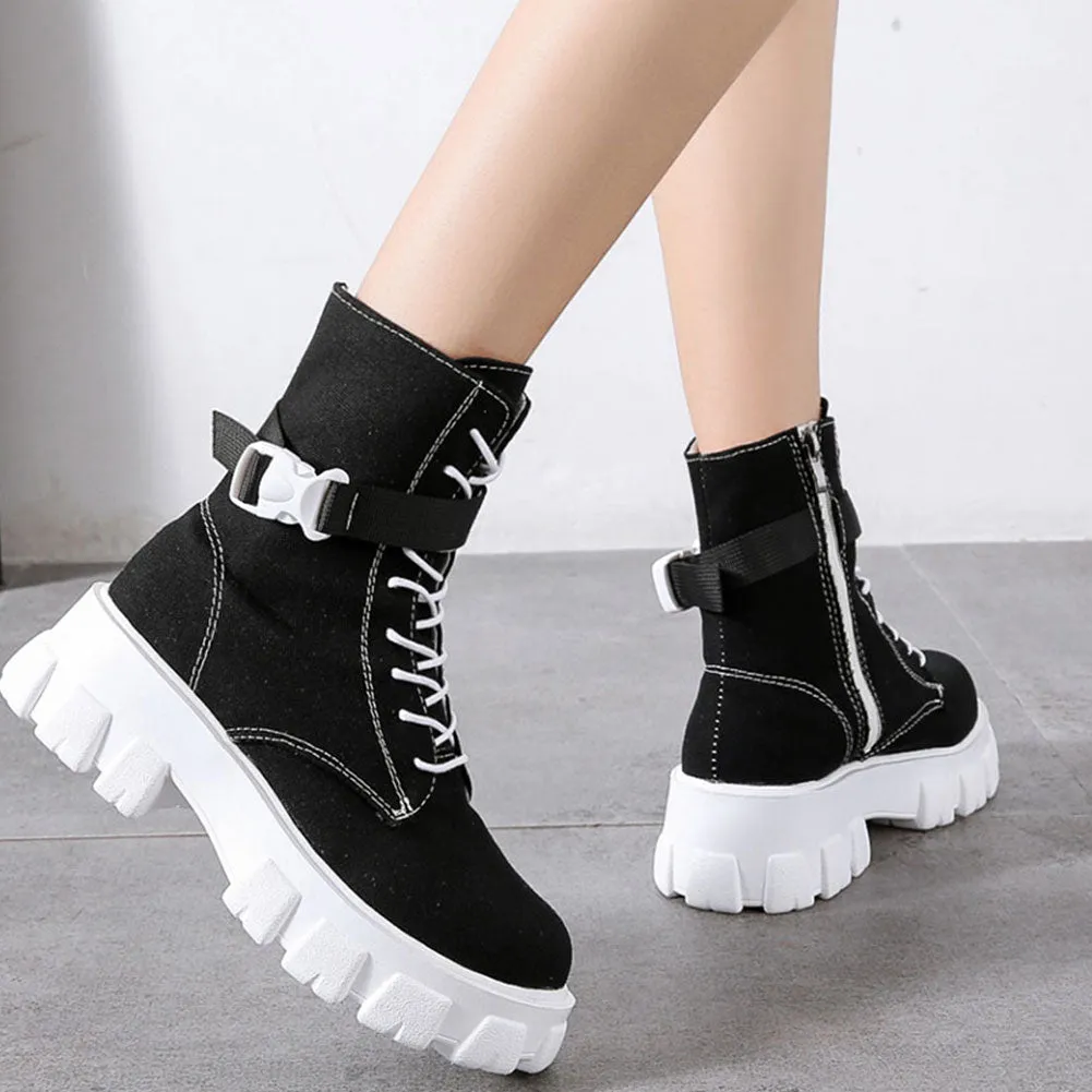 Chunky Heels Canvas Boots