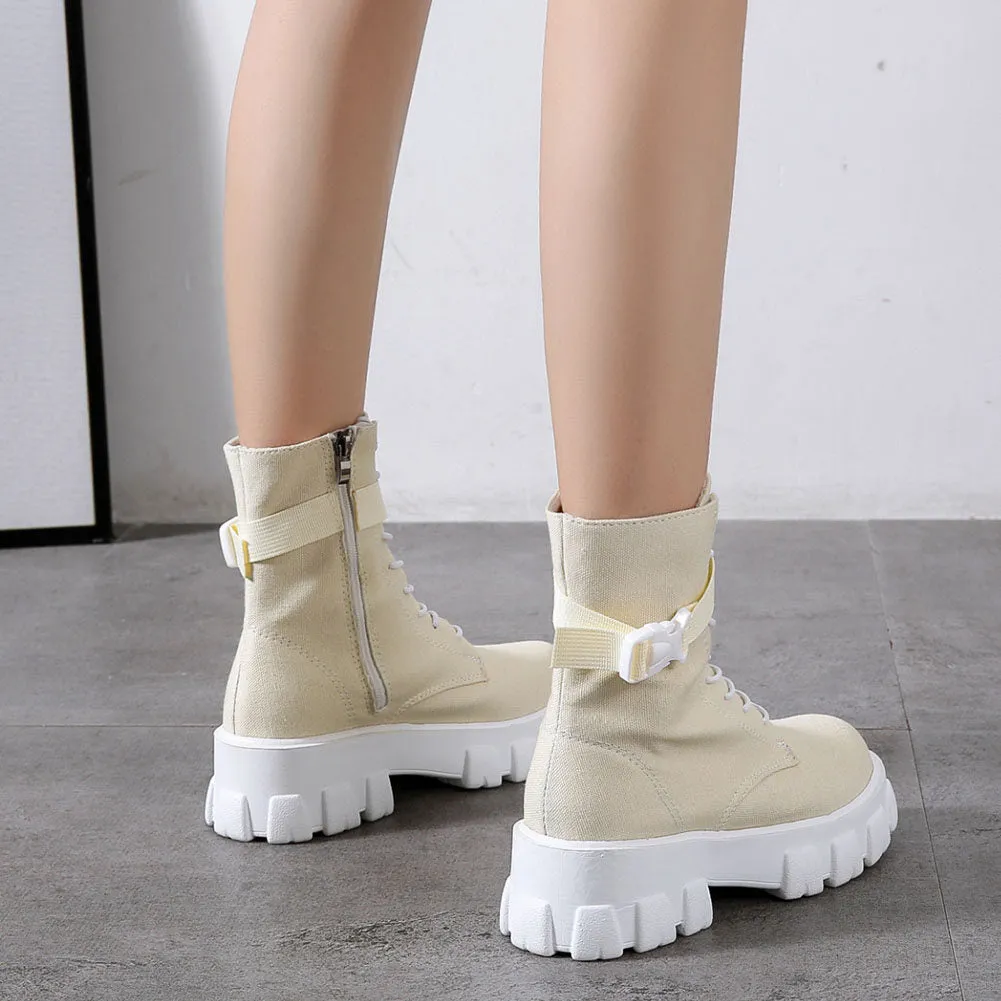 Chunky Heels Canvas Boots