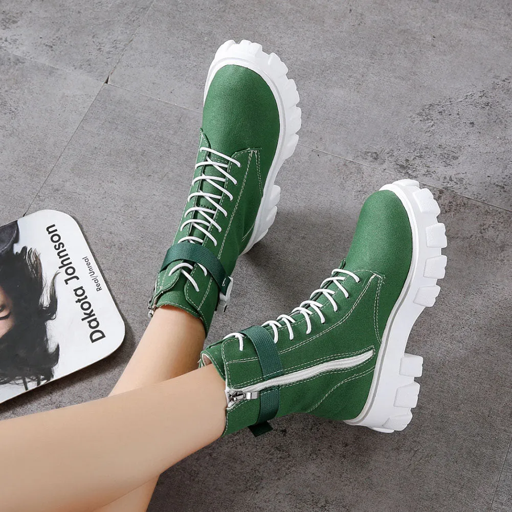 Chunky Heels Canvas Boots