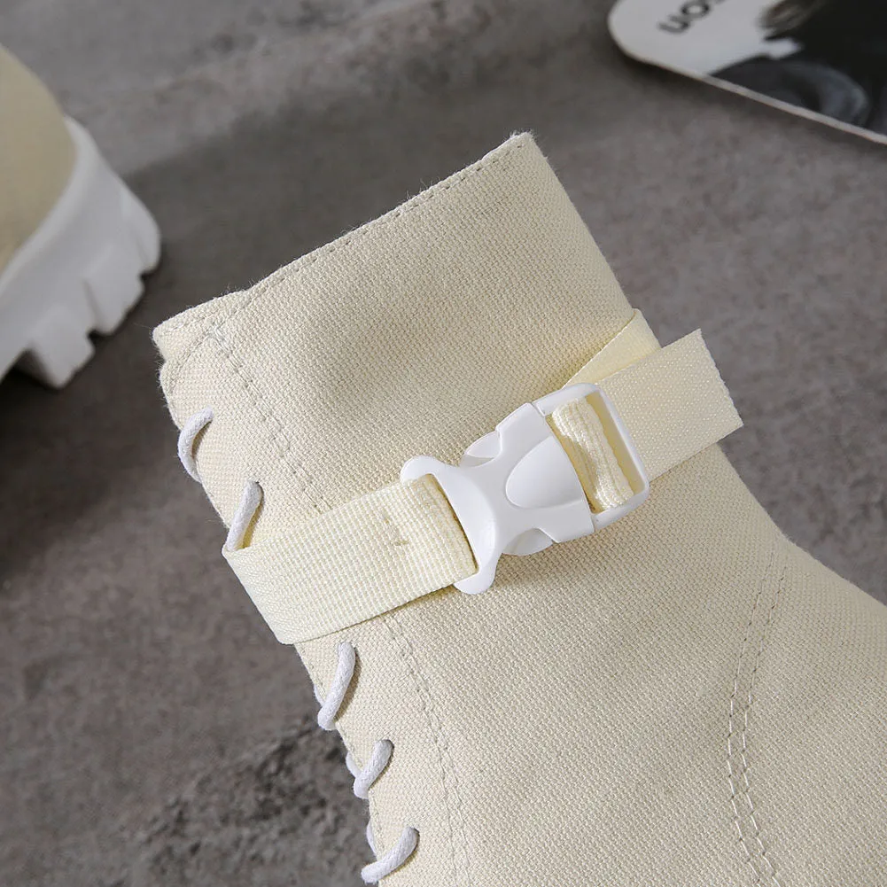 Chunky Heels Canvas Boots
