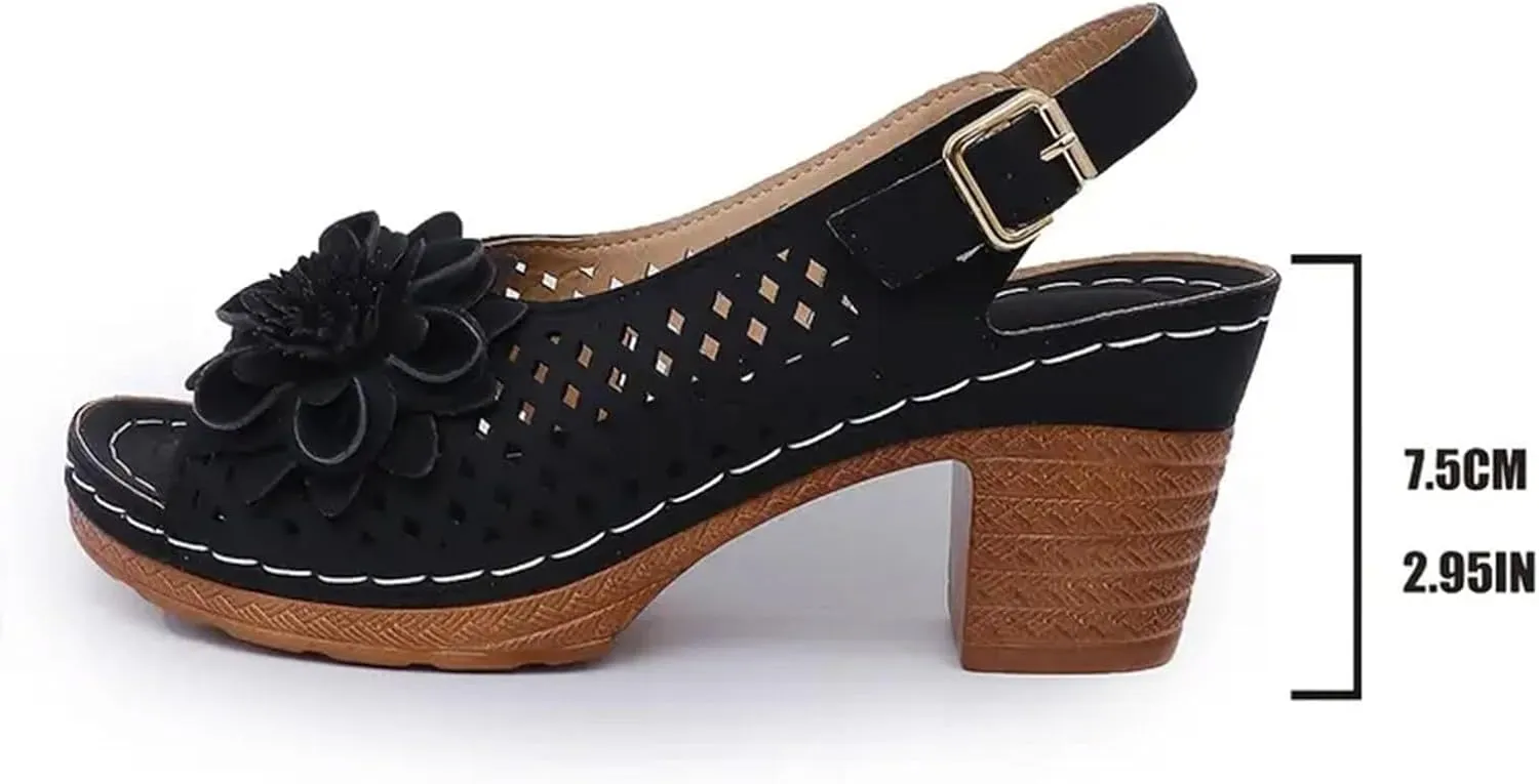 Chunky Heels for Women Wide Feet Dressy Summer Comfortable Platform Wedges Open Toe Ankle Strap Low Heel Sandals Casual Hollow Out Block Heels Dress Sandals