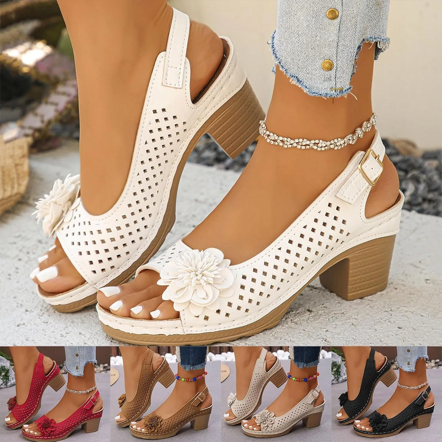 Chunky Heels for Women Wide Feet Dressy Summer Comfortable Platform Wedges Open Toe Ankle Strap Low Heel Sandals Casual Hollow Out Block Heels Dress Sandals