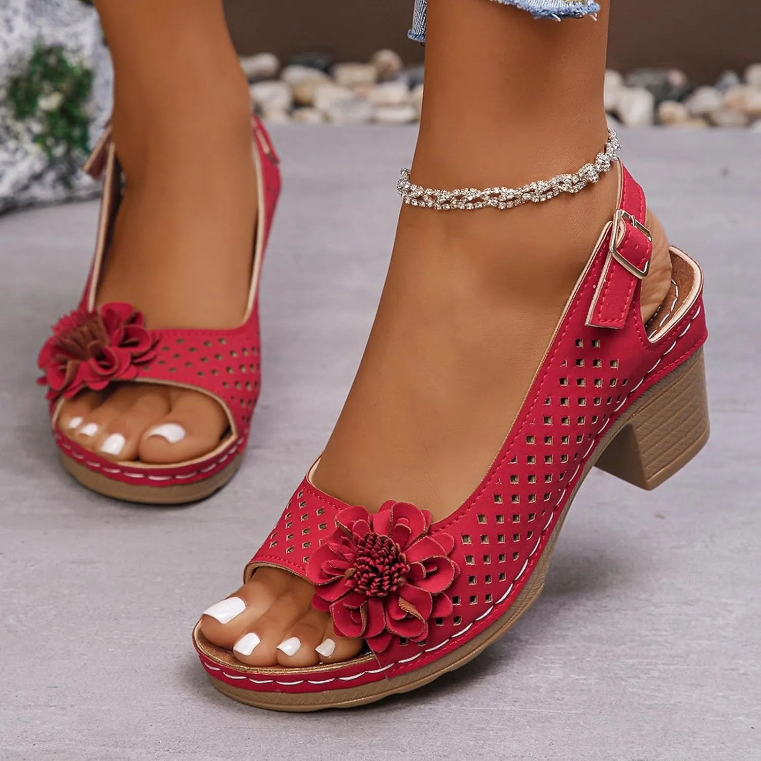 Chunky Heels for Women Wide Feet Dressy Summer Comfortable Platform Wedges Open Toe Ankle Strap Low Heel Sandals Casual Hollow Out Block Heels Dress Sandals
