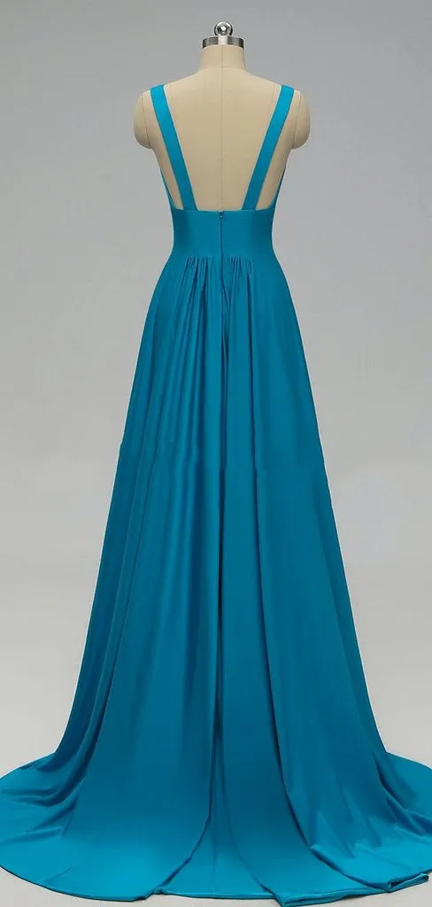 Elegant A-line Sexy V Neck Gold Long Modest Side-slit Bridesmaid Dress, WG239
