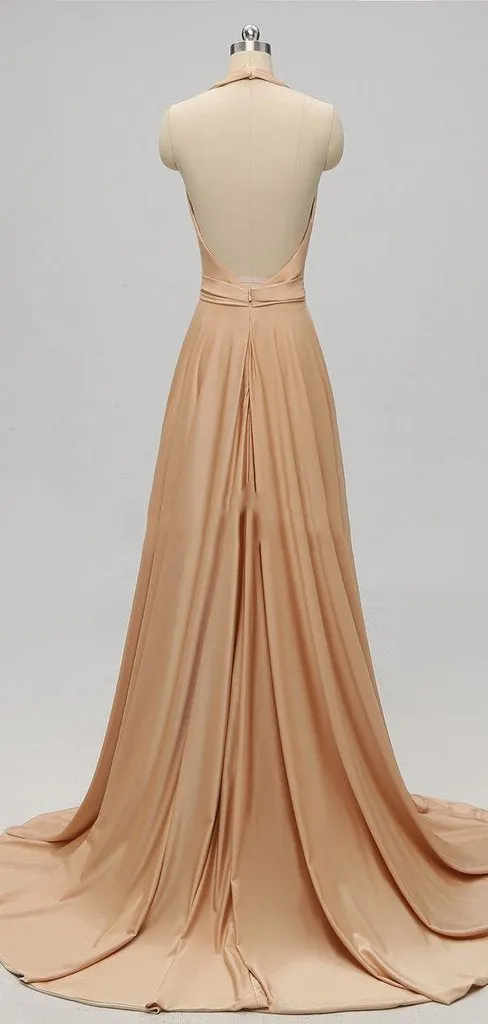 Elegant A-line Sexy V Neck Gold Long Modest Side-slit Bridesmaid Dress, WG239