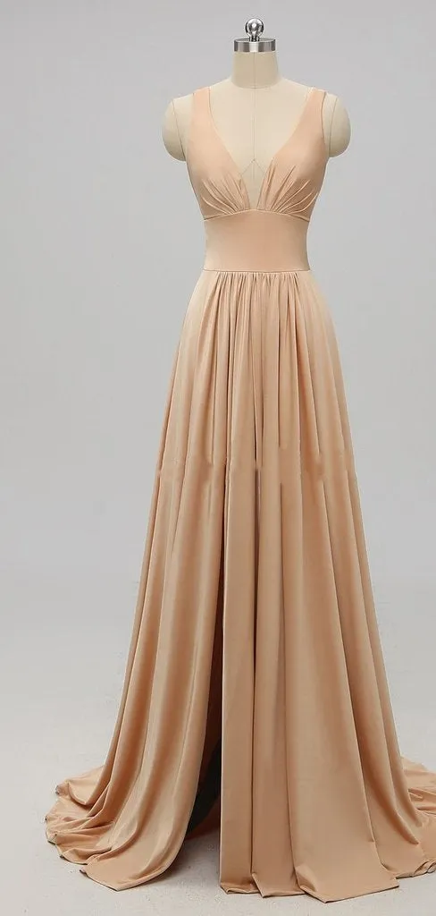 Elegant A-line Sexy V Neck Gold Long Modest Side-slit Bridesmaid Dress, WG239