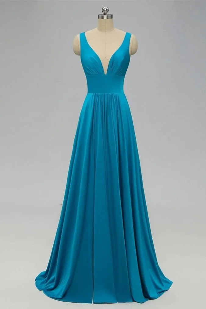 Elegant A-line Sexy V Neck Gold Long Modest Side-slit Bridesmaid Dress, WG239