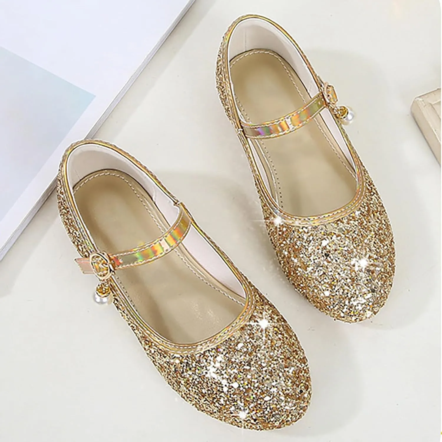 Flower Girls Dress Shoes Glitter Ballet Flat for Toddler Wedding Pary School Fashion Buckle Mary Jane Shoes