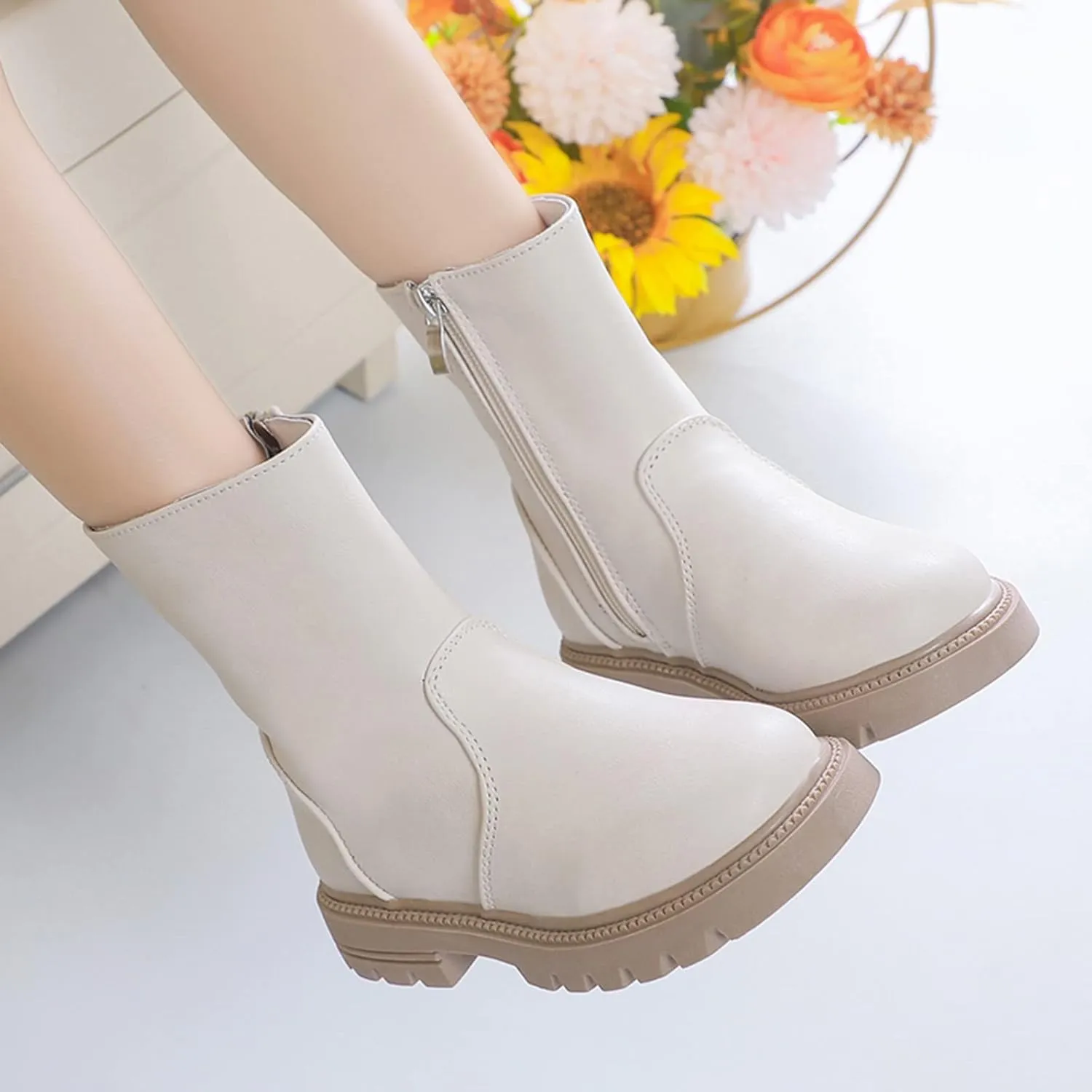 Girls Ankle Boots Low Heel Side Zipper Fall Winter Booties Outdoor Chunky Platform Solid Shoes for Little/Big Kids