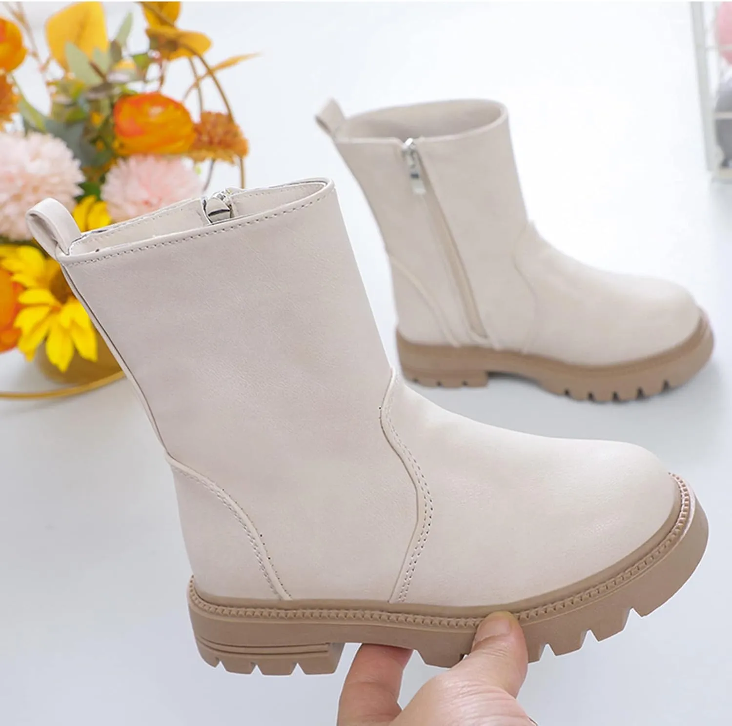 Girls Ankle Boots Low Heel Side Zipper Fall Winter Booties Outdoor Chunky Platform Solid Shoes for Little/Big Kids