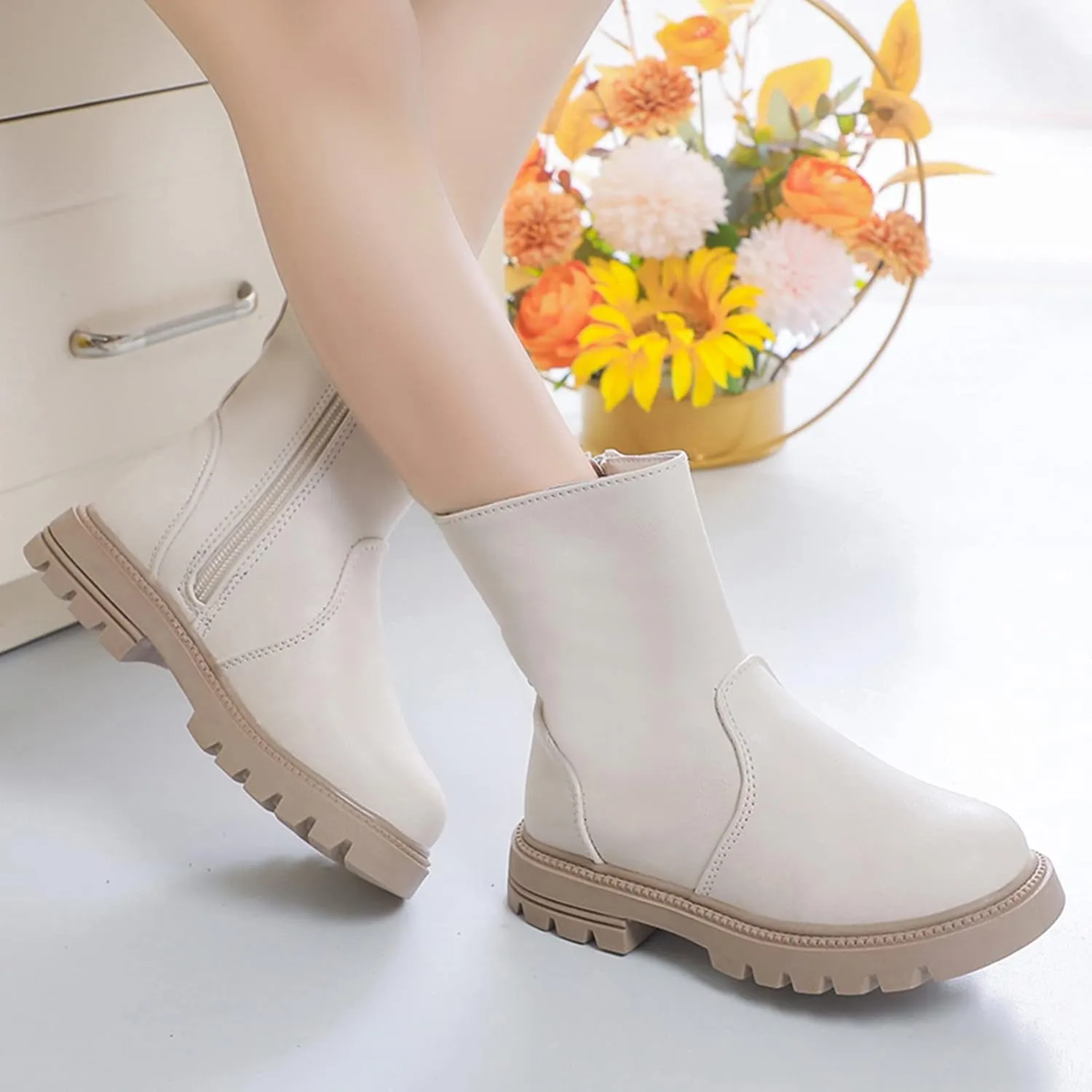 Girls Ankle Boots Low Heel Side Zipper Fall Winter Booties Outdoor Chunky Platform Solid Shoes for Little/Big Kids
