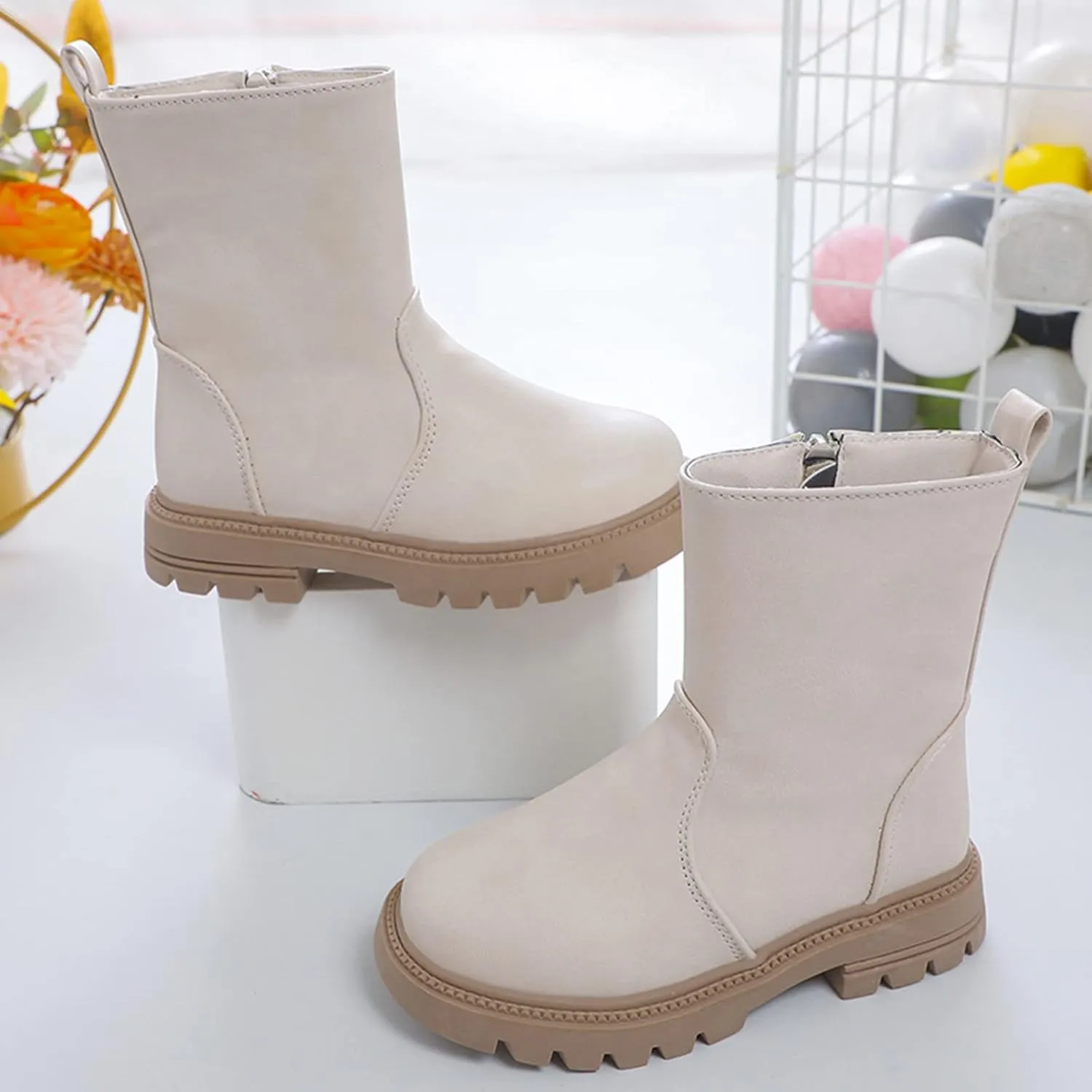 Girls Ankle Boots Low Heel Side Zipper Fall Winter Booties Outdoor Chunky Platform Solid Shoes for Little/Big Kids