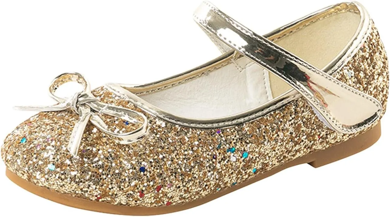 Girls Glittery Bowknot Dress Shoes Princess Low Heel Mary Jane Shoes for Toddler Little Girl Wedding Footwear