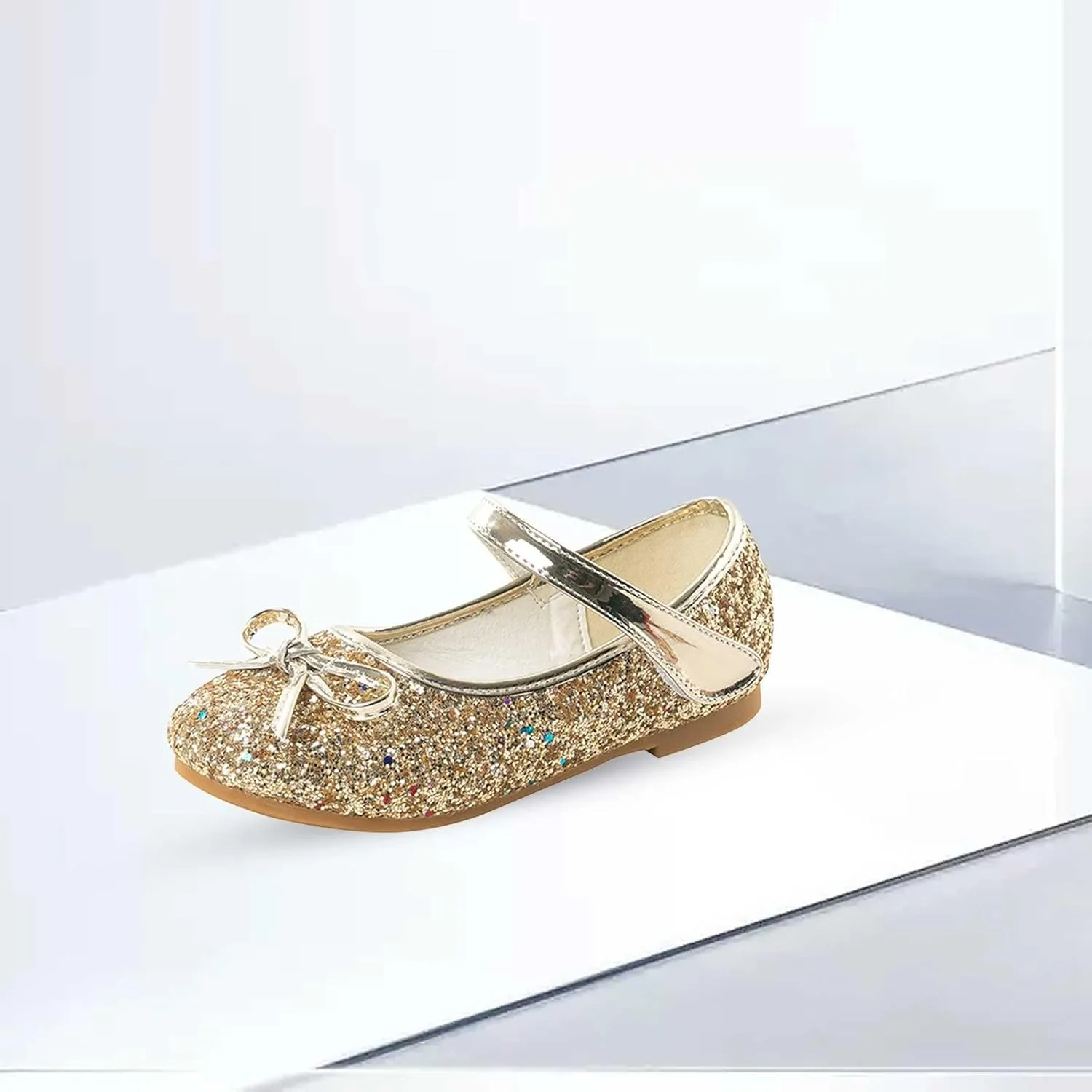 Girls Glittery Bowknot Dress Shoes Princess Low Heel Mary Jane Shoes for Toddler Little Girl Wedding Footwear
