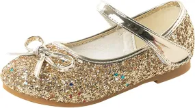 Girls Glittery Bowknot Dress Shoes Princess Low Heel Mary Jane Shoes for Toddler Little Girl Wedding Footwear