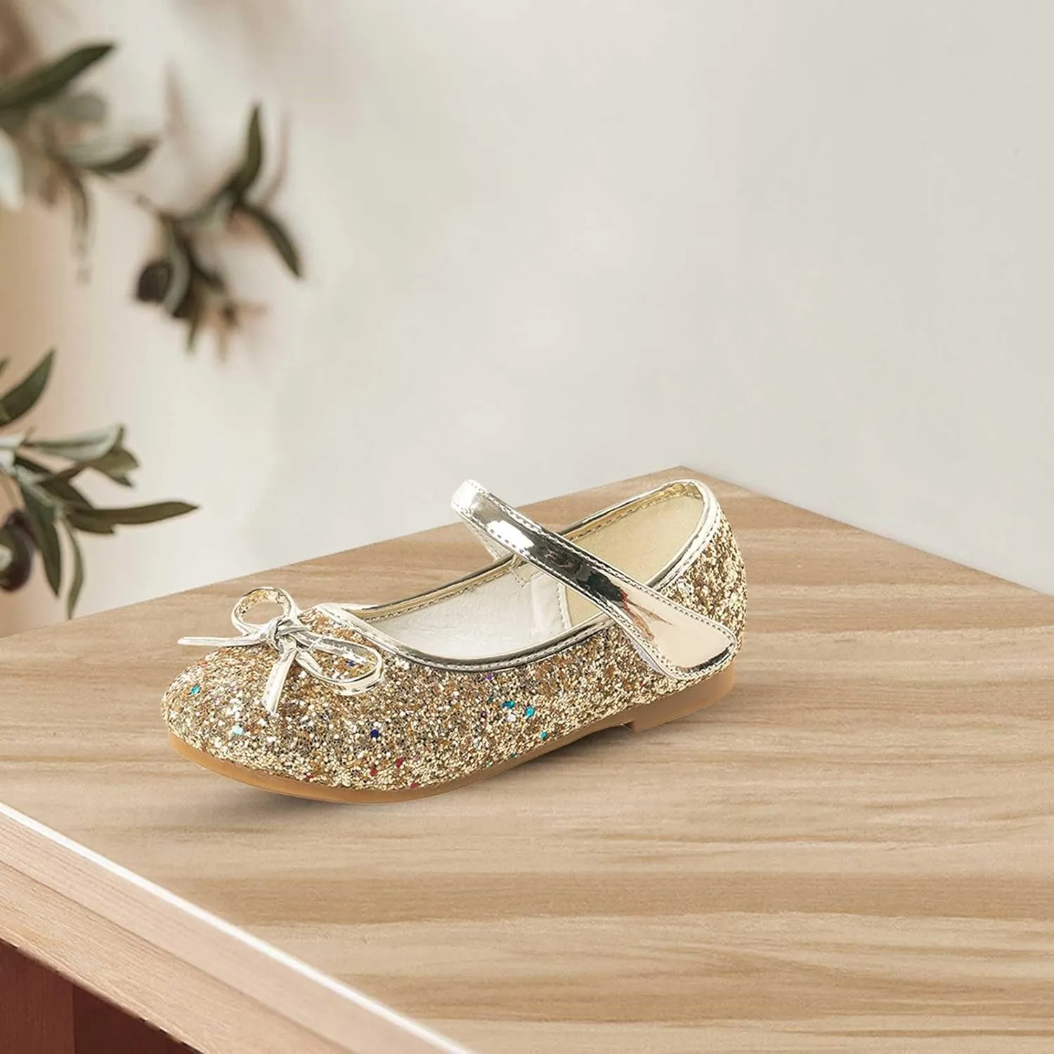 Girls Glittery Bowknot Dress Shoes Princess Low Heel Mary Jane Shoes for Toddler Little Girl Wedding Footwear