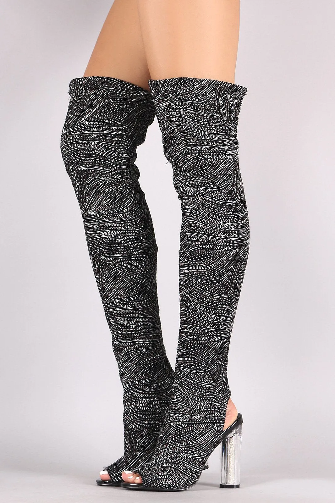 Glitter Patterned Clear Heeled Over-The-Knee Boots