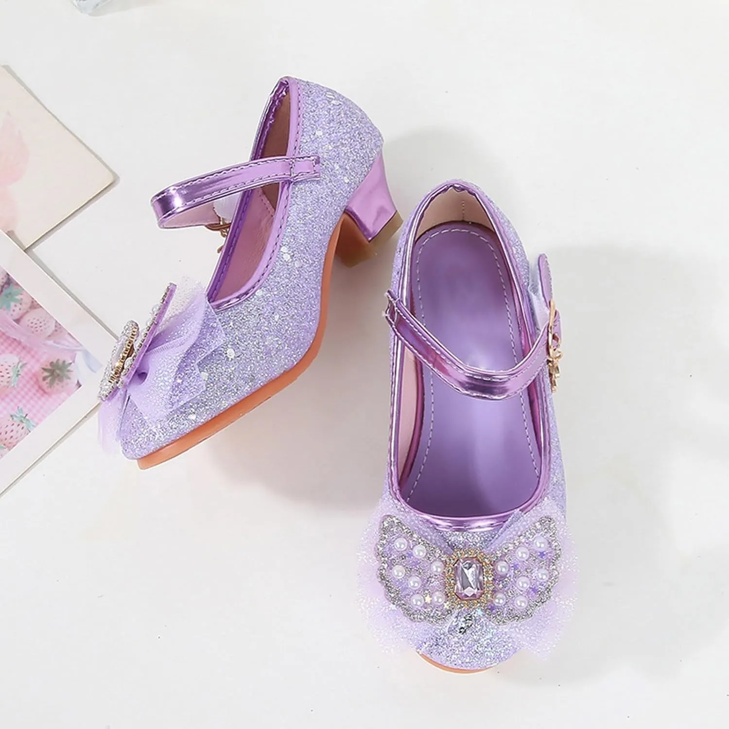 IWIHMIV Dress Up Princess Shoes for Toddler Girls Flower Girl Low Heel Sequins Bow Dress Shoes for Wedding Party