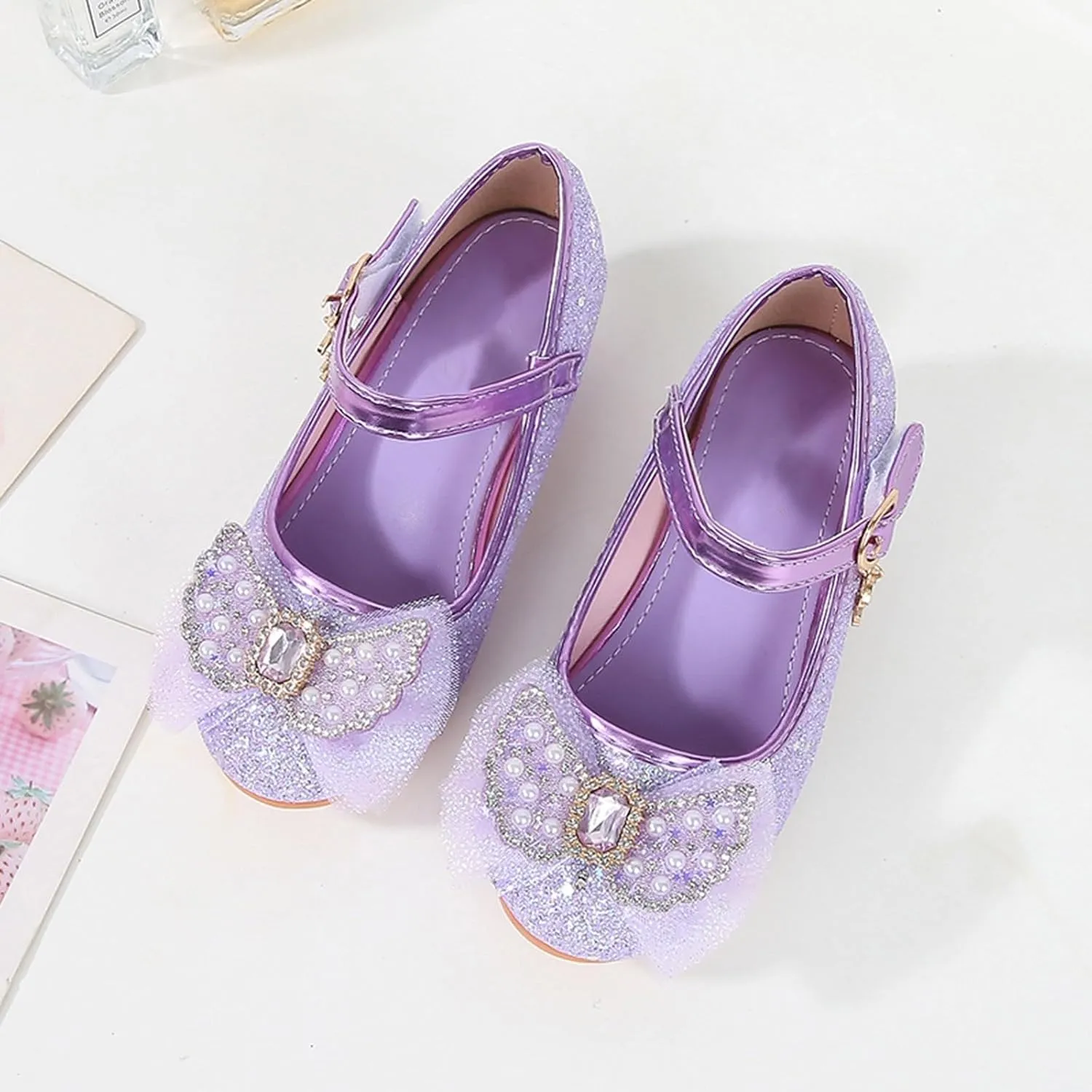 IWIHMIV Dress Up Princess Shoes for Toddler Girls Flower Girl Low Heel Sequins Bow Dress Shoes for Wedding Party