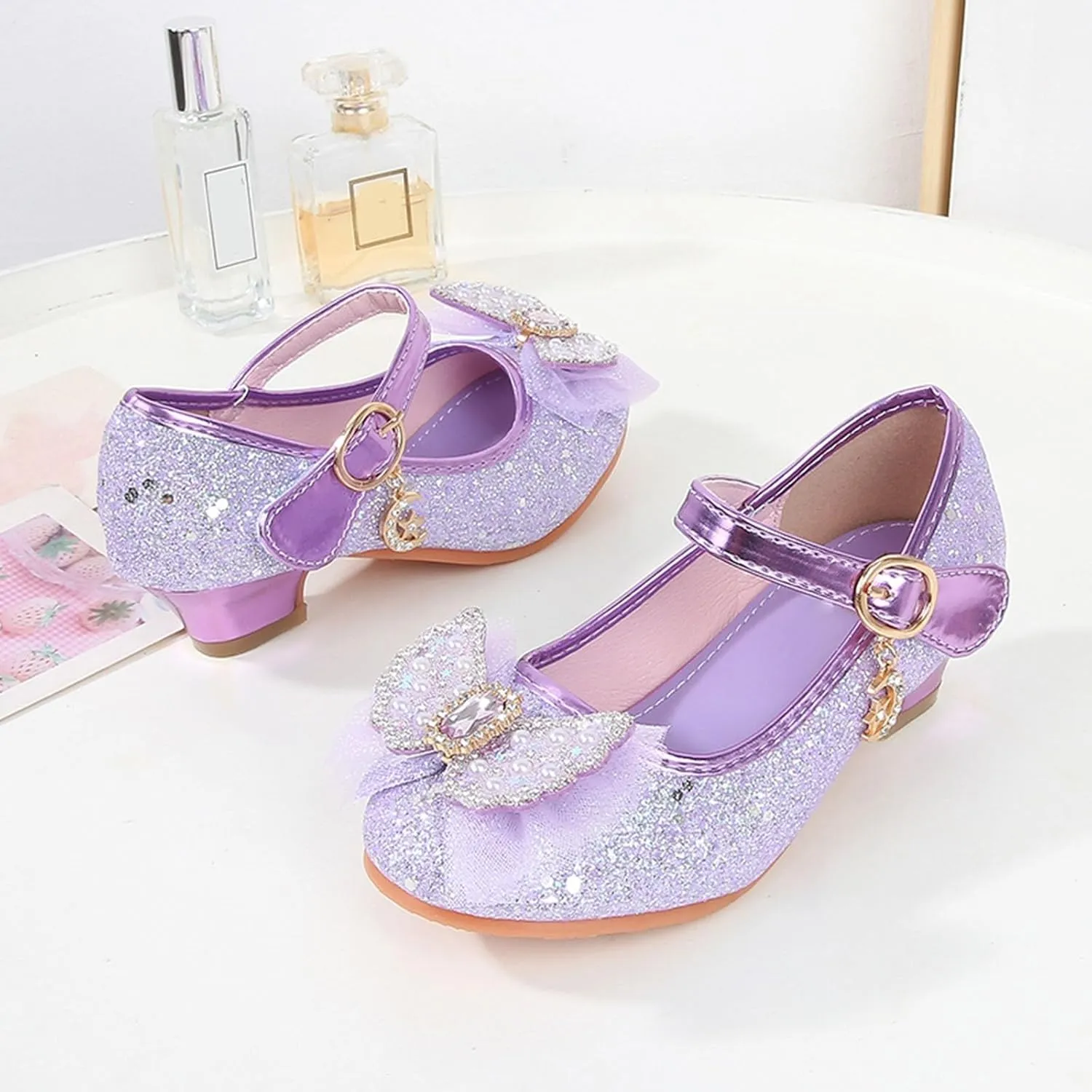 IWIHMIV Dress Up Princess Shoes for Toddler Girls Flower Girl Low Heel Sequins Bow Dress Shoes for Wedding Party