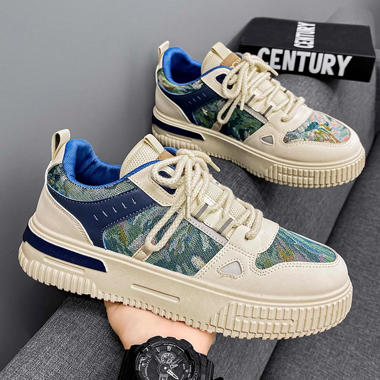 Mens and Womens Anti Slip Thick Soled Skateboard Shoes with Lace Up Low Top Casual Sneakers Comfortable Short Distance Running Shoes Breathable Outdoor Hiking Shoes Fitness Training Shoes