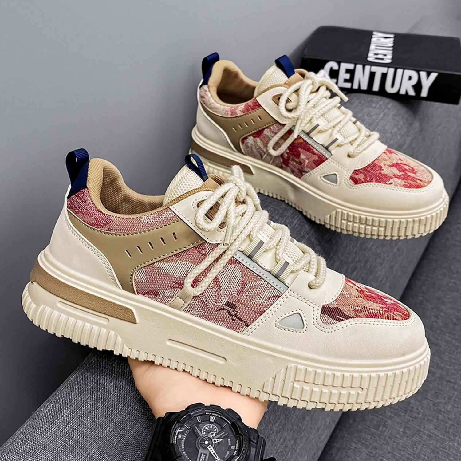 Mens and Womens Anti Slip Thick Soled Skateboard Shoes with Lace Up Low Top Casual Sneakers Comfortable Short Distance Running Shoes Breathable Outdoor Hiking Shoes Fitness Training Shoes
