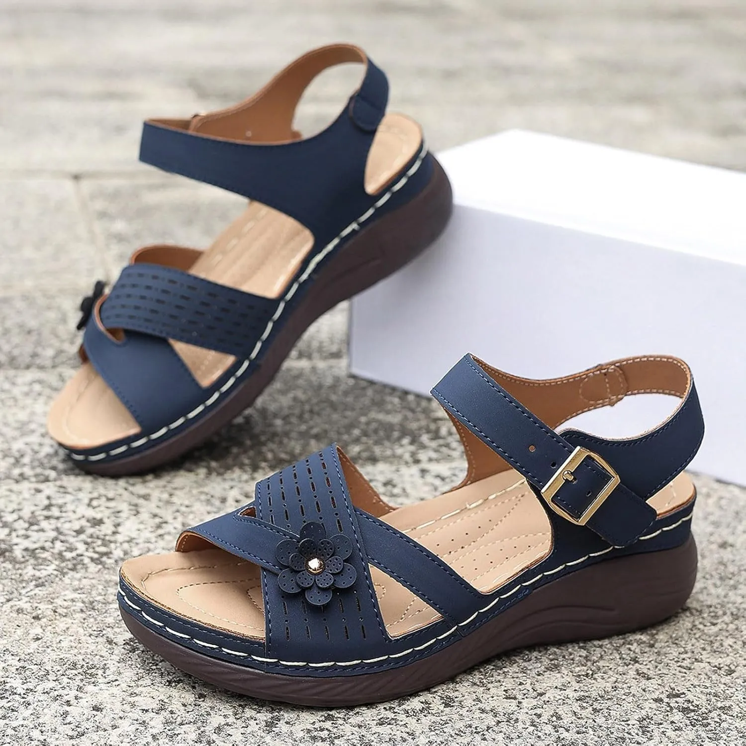 Orthopedic Wide Sandals for Women Arch Support Wedge Sandals Summer Walking Shoes Dressy Open Toe Ankle Strap Casual Sandal Low Heel Slip on Shoe Going Out Beach Shoes