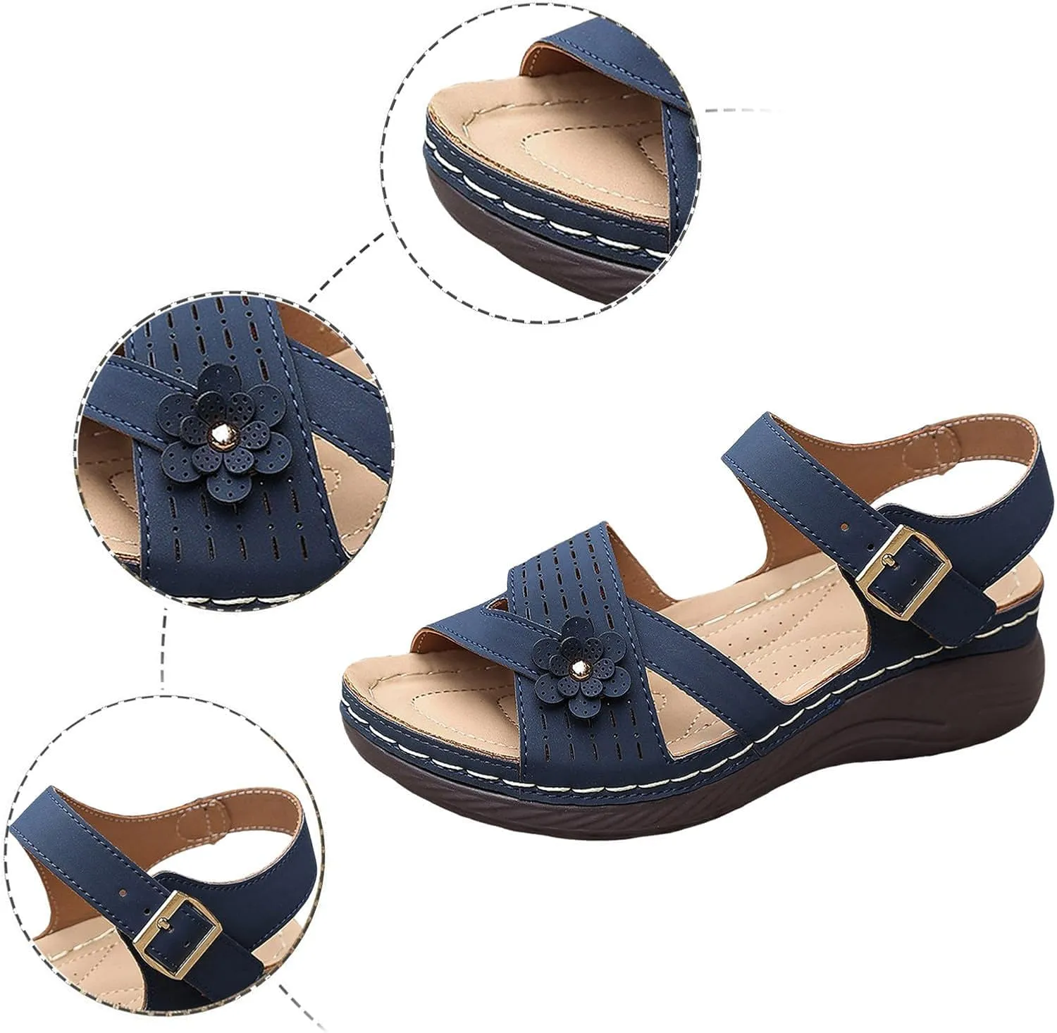 Orthopedic Wide Sandals for Women Arch Support Wedge Sandals Summer Walking Shoes Dressy Open Toe Ankle Strap Casual Sandal Low Heel Slip on Shoe Going Out Beach Shoes