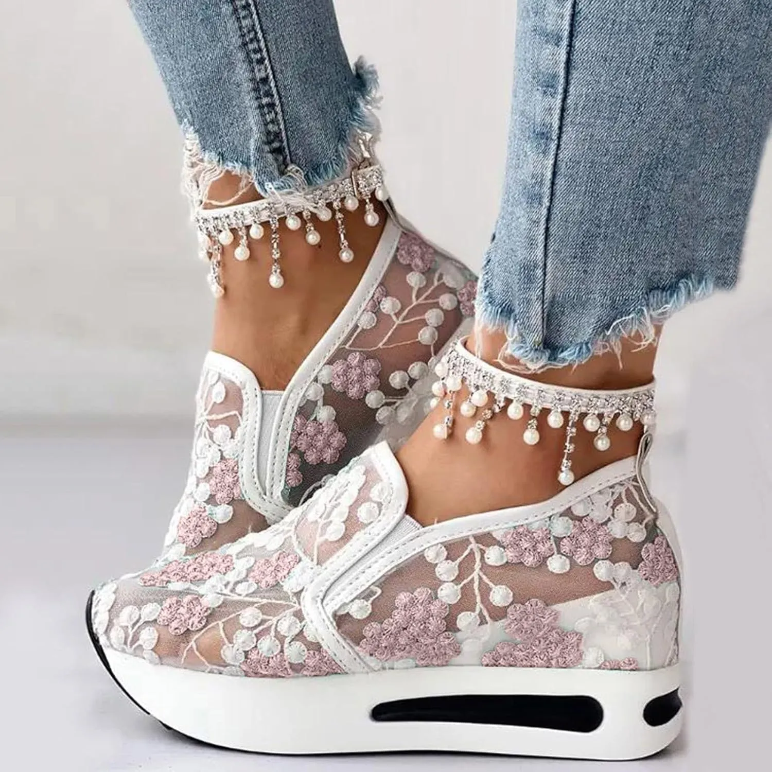 Platform Sneakers for Women Dressy Summer Shoes Lightweight Walking Shoes Fashion Casual Sneakers Comfortable Embroidery Floral Shoe Mesh Breathable Slip On Footwear Floral Loafers