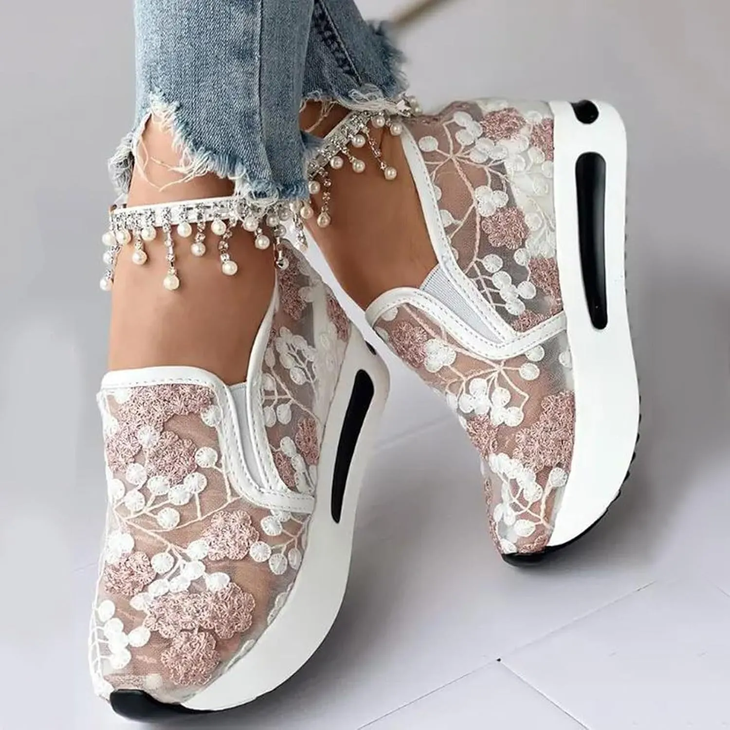 Platform Sneakers for Women Dressy Summer Shoes Lightweight Walking Shoes Fashion Casual Sneakers Comfortable Embroidery Floral Shoe Mesh Breathable Slip On Footwear Floral Loafers