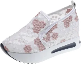 Platform Sneakers for Women Dressy Summer Shoes Lightweight Walking Shoes Fashion Casual Sneakers Comfortable Embroidery Floral Shoe Mesh Breathable Slip On Footwear Floral Loafers