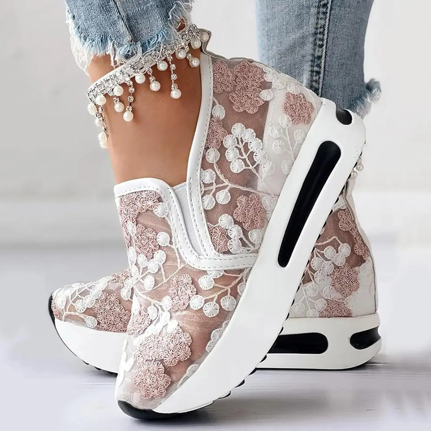 Platform Sneakers for Women Dressy Summer Shoes Lightweight Walking Shoes Fashion Casual Sneakers Comfortable Embroidery Floral Shoe Mesh Breathable Slip On Footwear Floral Loafers