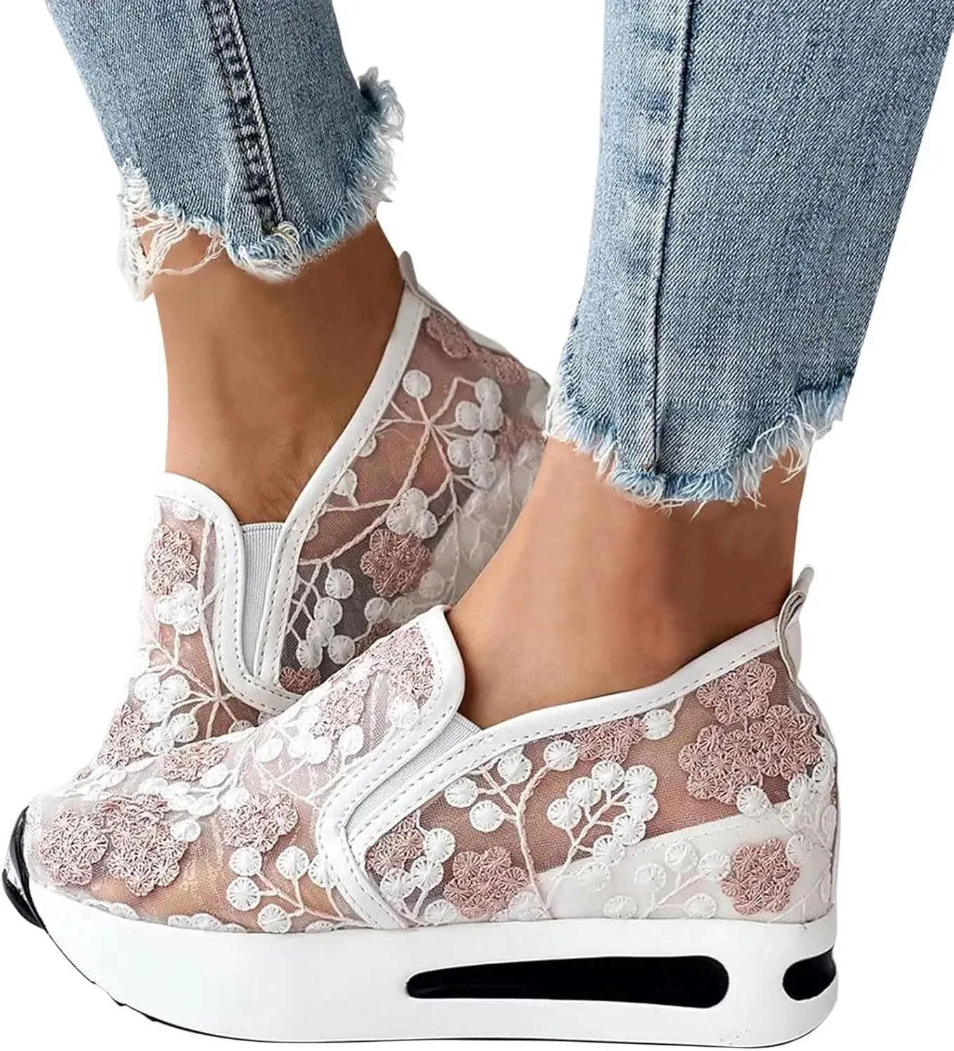 Platform Sneakers for Women Dressy Summer Shoes Lightweight Walking Shoes Fashion Casual Sneakers Comfortable Embroidery Floral Shoe Mesh Breathable Slip On Footwear Floral Loafers