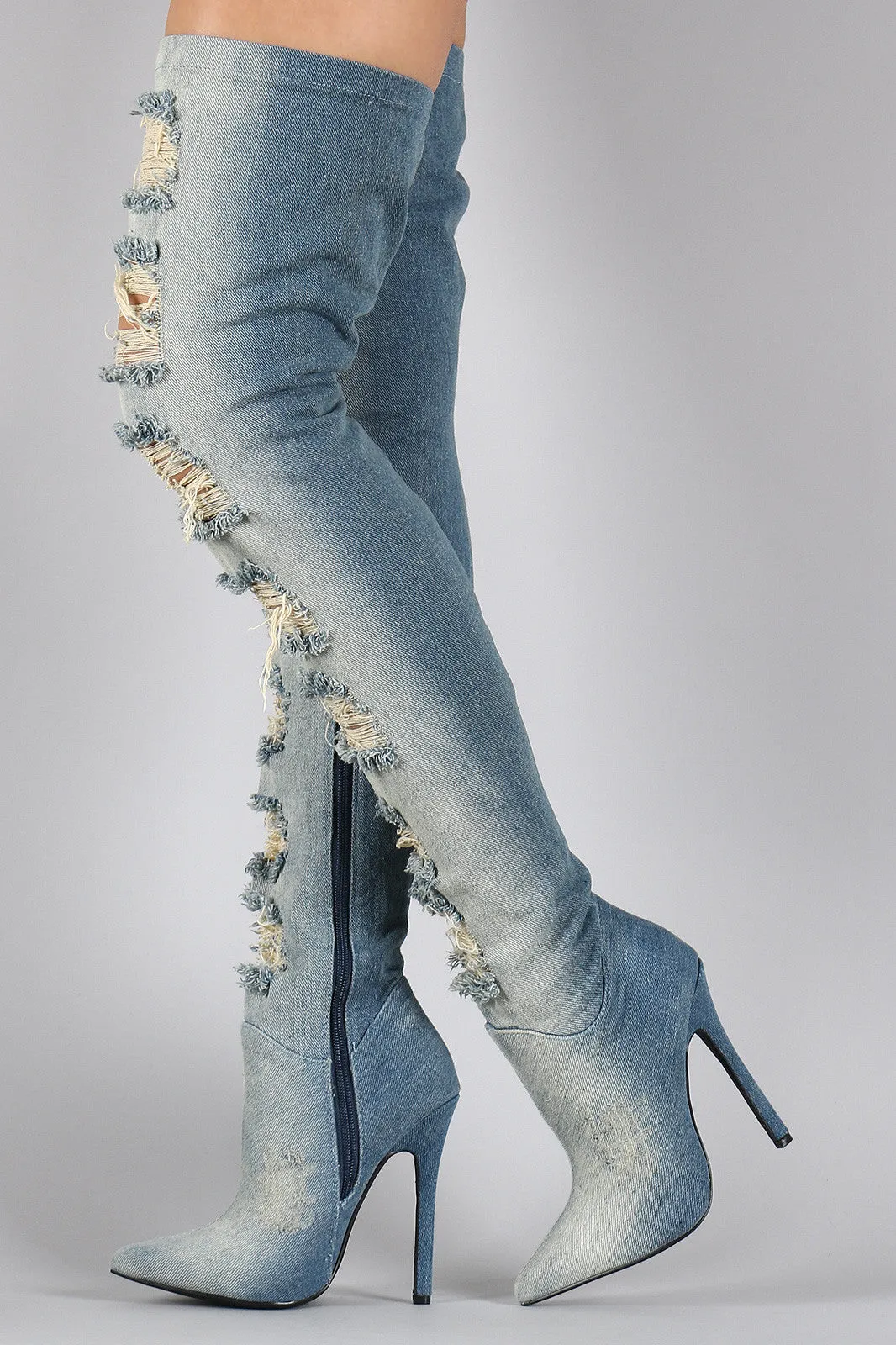 Privileged Distressed Denim Stiletto Over-The-Knee Boots