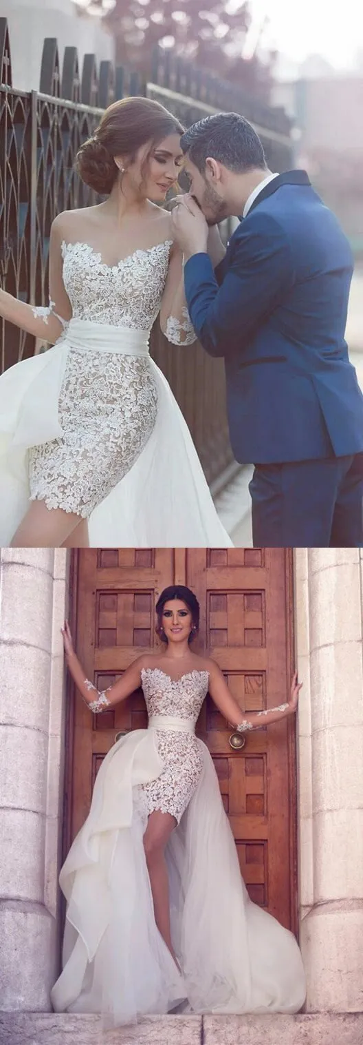 Sexy Lace Mermaid Short Tulle Detachable Train Wedding Dress, PD0226